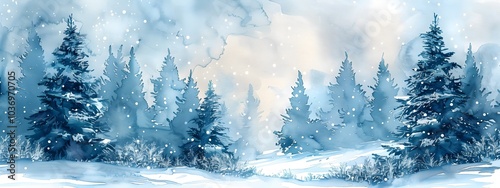 Misty winter wonderland Christmas watercolor illustration snow covered pine trees falling snowflakes, ethereal atmosphere shades of blue and white, banner