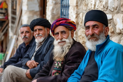 Portrait of elderly Druze men with traditional headdress and beards sitting together outside stone building in Lebanon, Middle Eastern culture and community