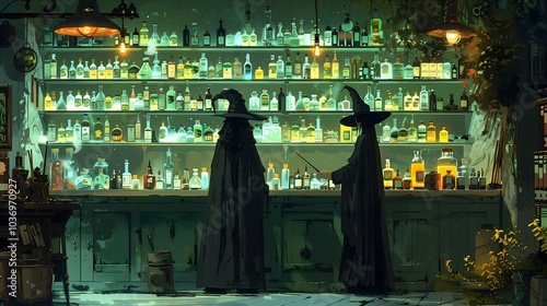 Witches in magic cabin brewing potion with glowing bottles, fantasy Halloween sorcerers in dark tavern mystical green light digital art illustration