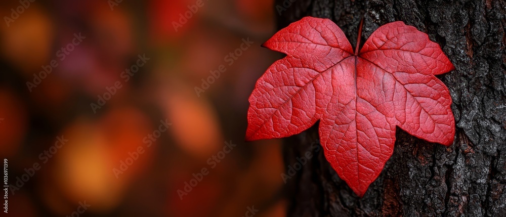 A tight shot of a tree with a solitary red leaf affixed to its trunk against a hazy backdrop A tight shot of a tree with a solitary red leaf affixed to its trunk against a hazy backdrop