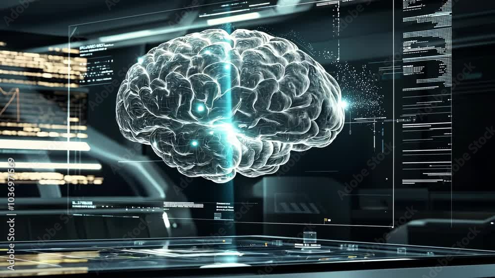 A digital brain model floats above a computer screen in a futuristic laboratory