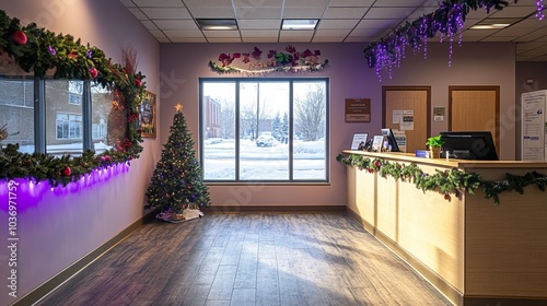 Indoor photo of a medium-wide shot of a small local real estate office reception desk area. it is december, there is snow outside the window and the reception area is decorated for christmas garlands