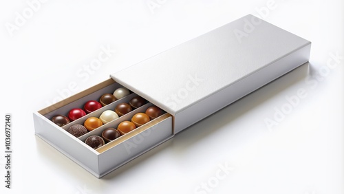 White slim cardboard box template with open lid, designed for packaging chocolates, crayons, or pencils, isolated on a clean white background, 3D illustration.