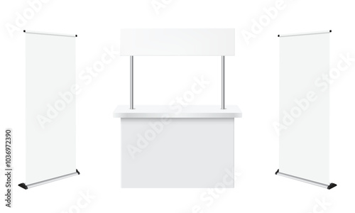 Advertising booth stand mockup, Roll-up retractable banner stands Isolated realistic 3d vector compact, attention-grabbing display designed to showcase products. White blank kiosk, counter