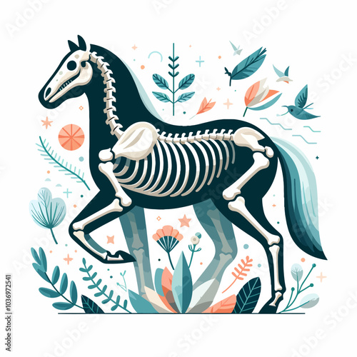 A skeleton horse is shown in a painting with a lot of detail