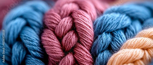  A tight shot of multiple skeins of yarn in hues of blue, pink, yellow, and orange