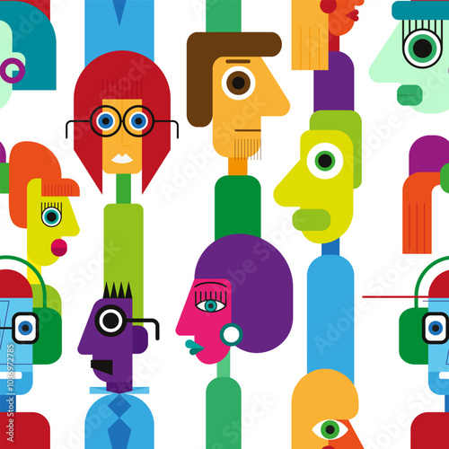 Abstract geometric cubist inspiration composition of people faces. Colorful haracters collection. Seamless pattern. Vector illustration for prints, card, web, digital concept, poster