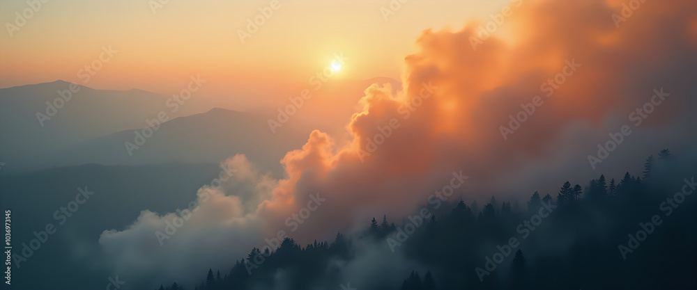 Fototapeta premium Fiery smoke rising over a distant forest
