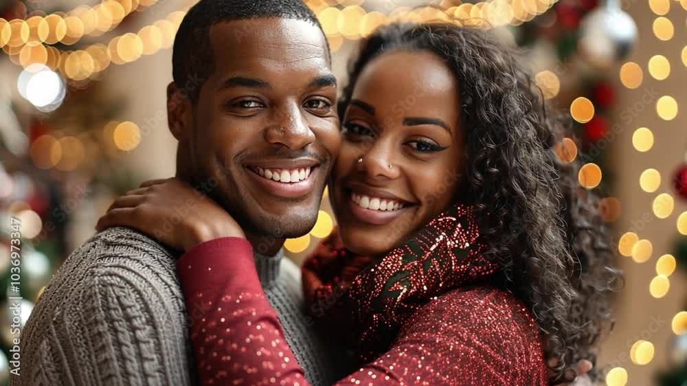 A couple shares a warm smile and embraces each other in a beautifully decorated space, filled with twinkling lights and holiday cheer, showcasing the spirit of the season. A couple shares a warm smile and embraces each other in a beautifully decorated space, filled with twinkling lights and holiday cheer, showcasing the spirit of the season.
