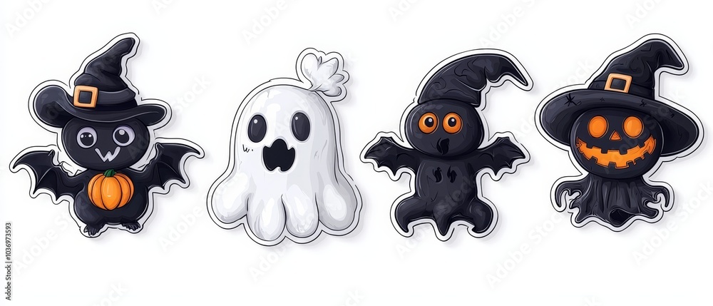 Fototapeta premium 1 A ghost.2 A ghost holding a pumpkin.3 Another ghost with a pumpkin