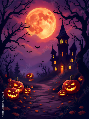 A spooky Halloween scene with a haunted mansion silhouetted against a large, crimson moon. Jackolanterns line a path leading up to the mansion, while bats fly in the dusky sky.