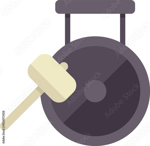 This vector illustration features a wooden mallet striking a large metal gong, creating a resounding sound