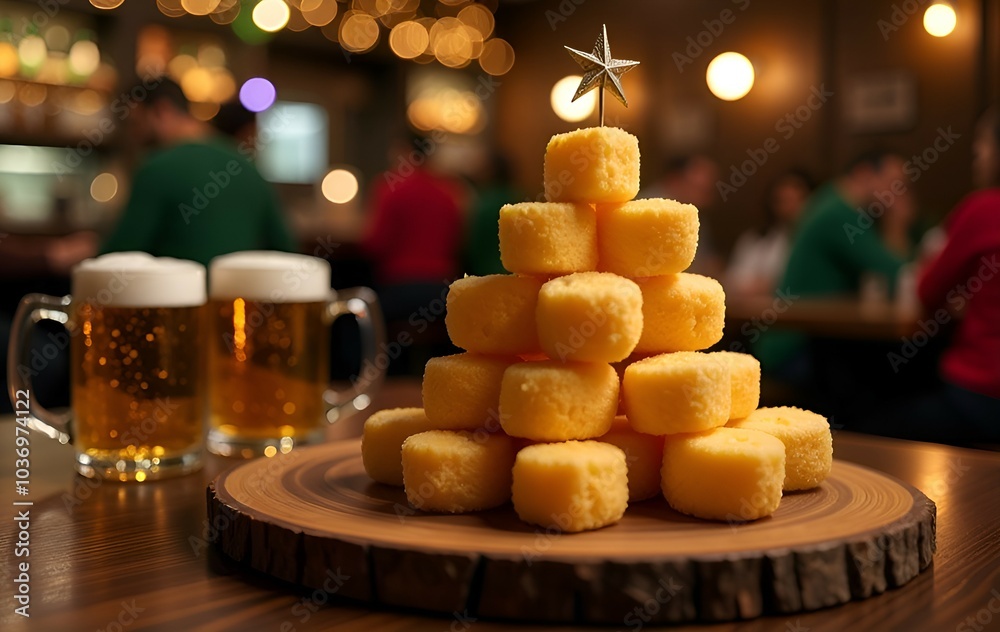 croutons in the shape of a Christmas tree on a wooden board. Two glass mugs of beer are nearby. In the background is a pub with Christmas lights and people dressed in green and red. New Year's atmosph croutons in the shape of a Christmas tree on a wooden board. Two glass mugs of beer are nearby. In the background is a pub with Christmas lights and people dressed in green and red. New Year's atmosph