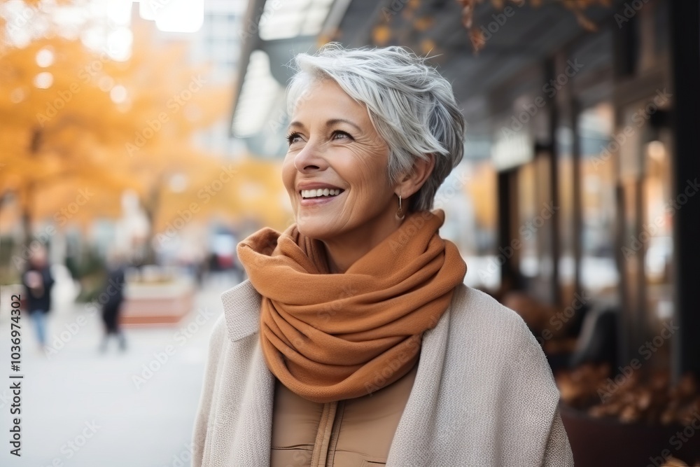 Portrait of happy senior woman in autumnal city street, smiling Portrait of happy senior woman in autumnal city street, smiling