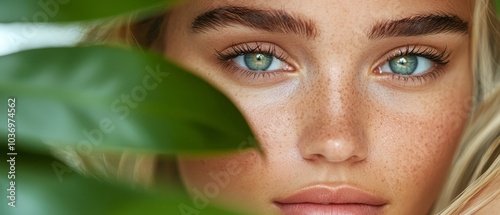  A women's face, close-up Freckles dotting skin A green leaf hovering in front