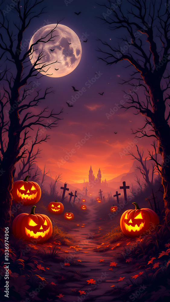 Fototapeta premium A path leads through a dark forest with glowing jackolanterns, leading to a spooky castle in the distance under a full moon.