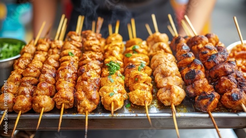 Grilled Skewers of Chicken and Meat on Street Food Stall