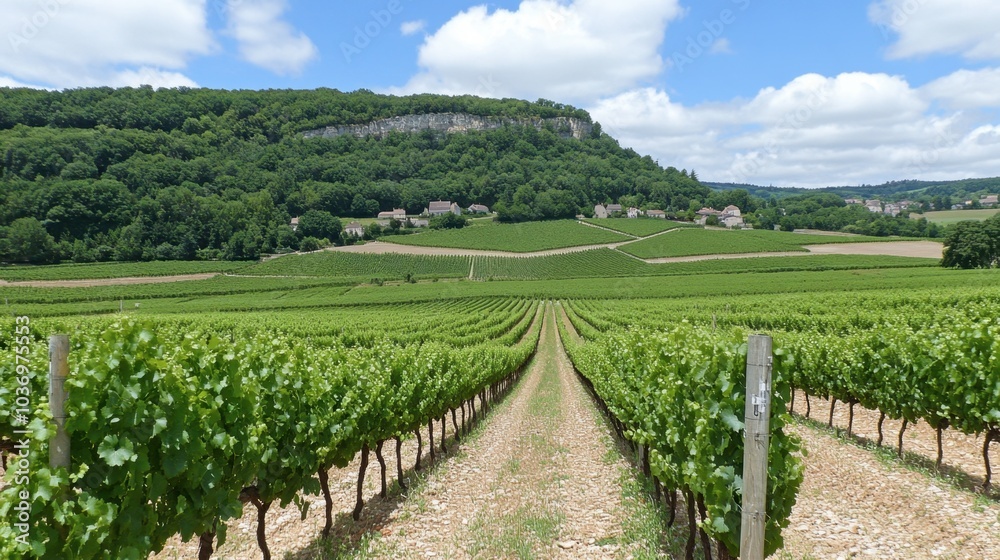 Fototapeta premium Lush Vineyard Landscape Under Blue Sky