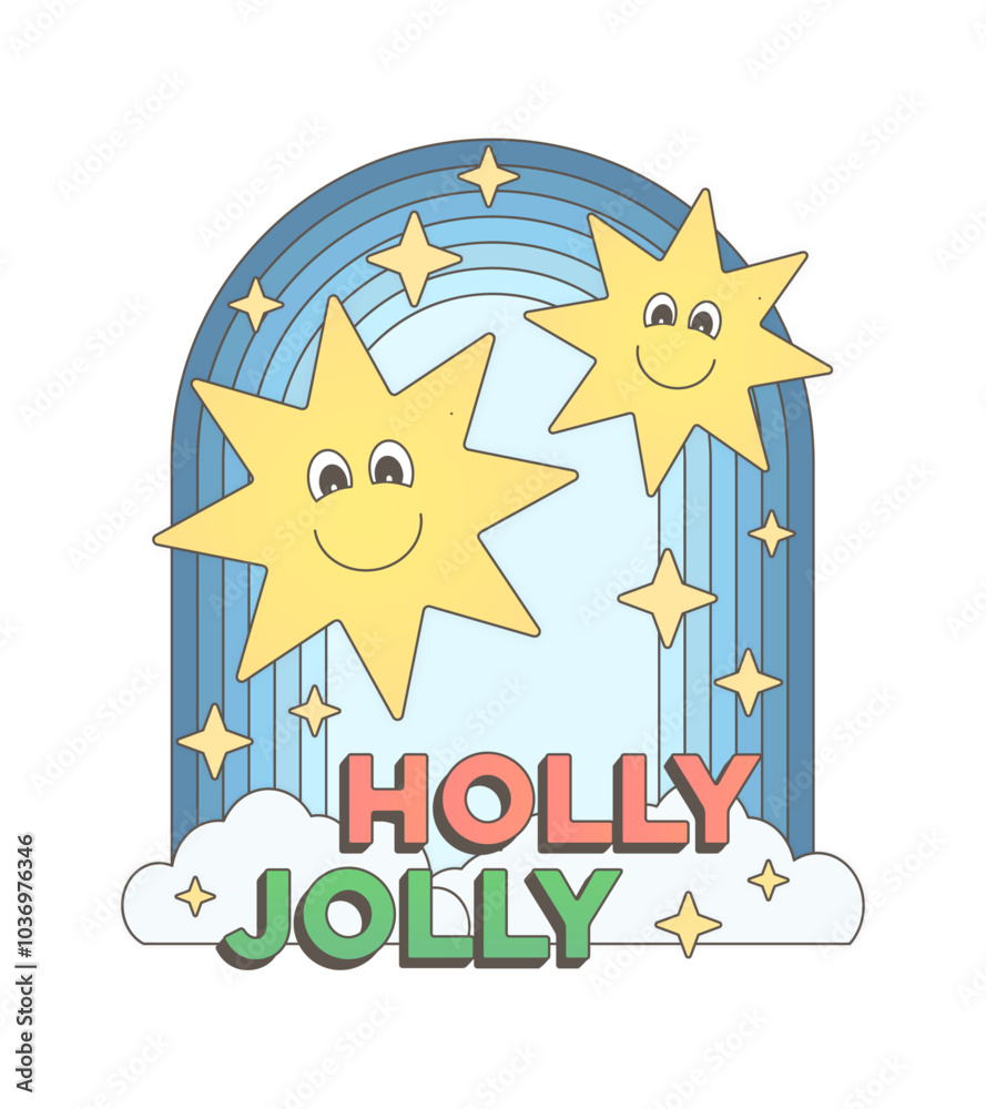 Happy star characters in blue sky retro cartoon design, Christmas holidays isolated decorative element, night sky with yellow stars ilustration, holly jolly vintage text