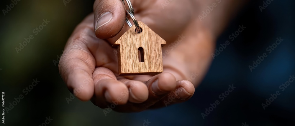 Fototapeta premium A person holds a wooden house-shaped keychain in their hand