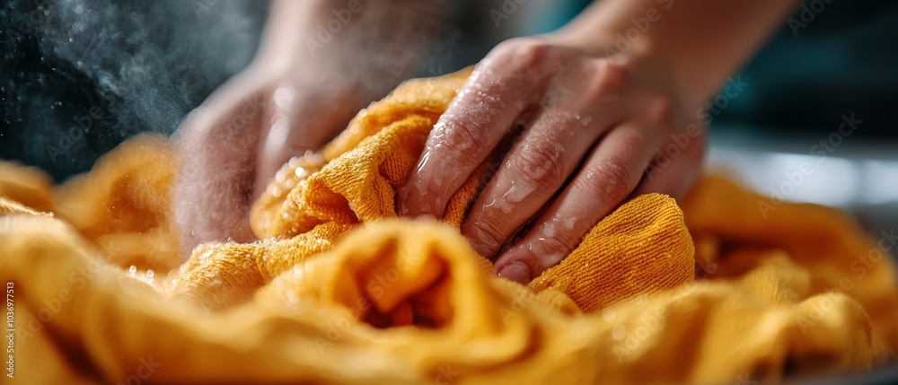  A tight shot of hands hovering above a yellow fabric, releasing steam from the upper part