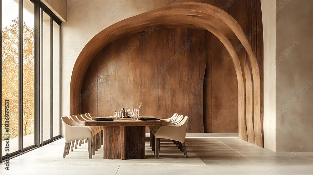 A modern dining room with a large wooden table and chairs, set against a wall with arched openings and wooden panels. A modern dining room with a large wooden table and chairs, set against a wall with arched openings and wooden panels.