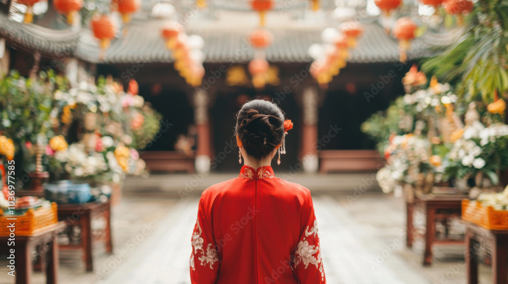 Fototapeta premium woman in red qipao stands gracefully in vibrant garden adorned with lanterns and flowers, embodying cultural elegance and tradition