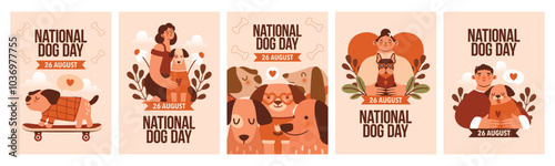 Collection of modern banners to National Dog Day. Naive illustrations with various dogs, owners, who hugging their dogs, heart, text, "26 august", skateboard. Flat style. Kawaii clip arts with pets