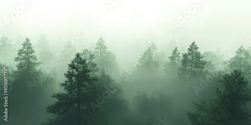 Fog-covered evergreen forest with soft green tones and moody ambiance