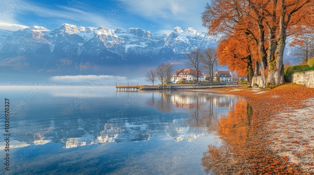 Obraz premium Serene Lake View with Autumn Colors and Mountain Reflections