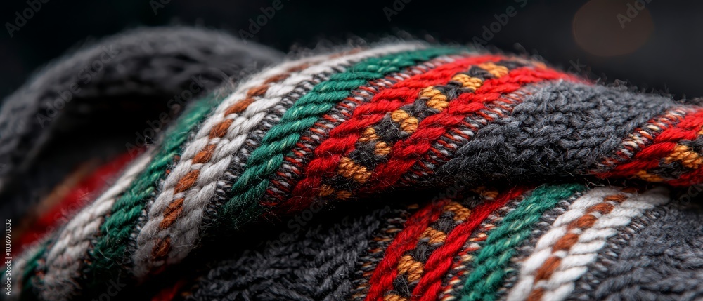 A tight shot of a multi-hued blanket, with a faint, indistinct portrait of a face in the backdrop A tight shot of a multi-hued blanket, with a faint, indistinct portrait of a face in the backdrop