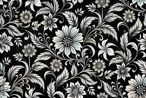 Asymmetrical black and white seamless floral pattern background