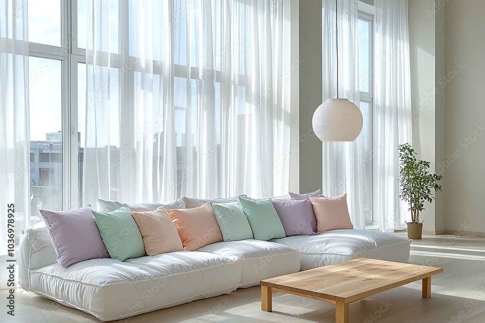 Fototapeta premium Minimalist, contemporary Scandinavian interiors in the living room with ceiling lights and sofas. Generative AI 