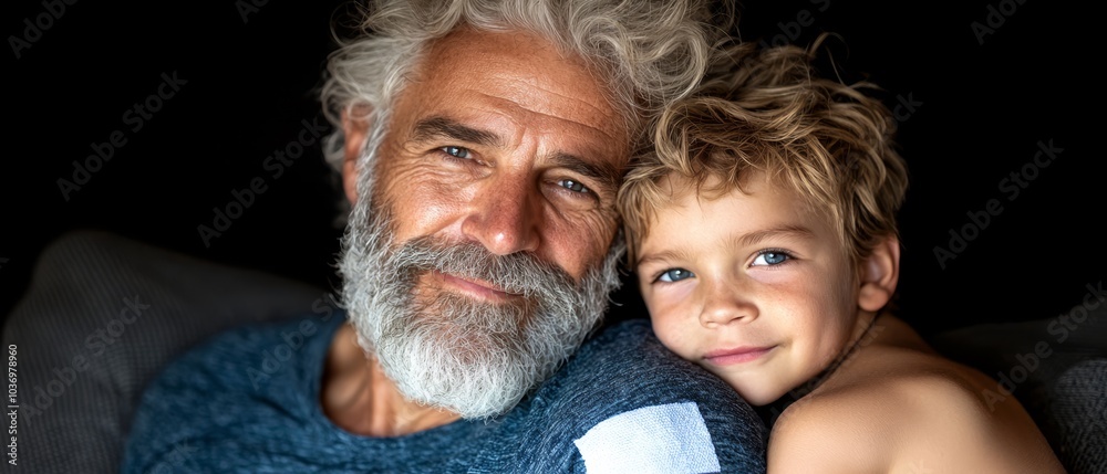 A close-up of a child and an older man, both with towels over their shoulders A close-up of a child and an older man, both with towels over their shoulders