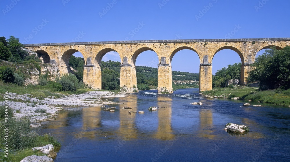 Fototapeta premium Historic Bridge Over Serene River Landscape
