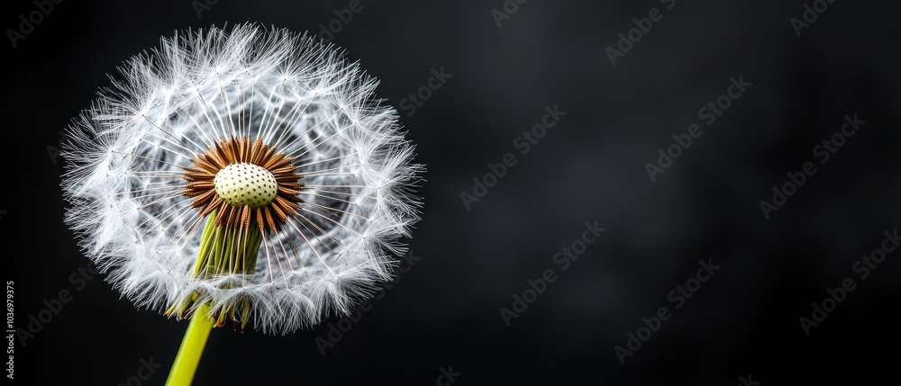 Obraz premium A dandelion in focused detail against a black backdrop Blurred dandelion image behind
