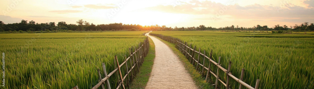 serene pathway winds through lush rice fields, bordered by bamboo fences, leading towards beautiful sunset. tranquil scene evokes sense of peace and connection to nature serene pathway winds through lush rice fields, bordered by bamboo fences, leading towards beautiful sunset. tranquil scene evokes sense of peace and connection to nature