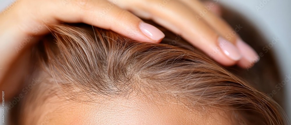 Fototapeta premium A tight shot of a woman's face with hands atop her head, framing her hair in the midline