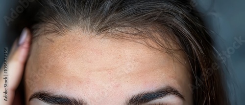  A tight shot of a woman's face featuring an unruly hairline at the forehead photo