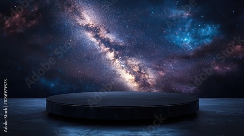 A simple black cylinder podium against a stunning background of space nebulae