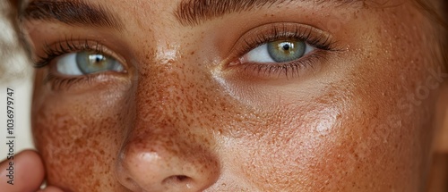  A close-up of a woman's face adorned with freckles