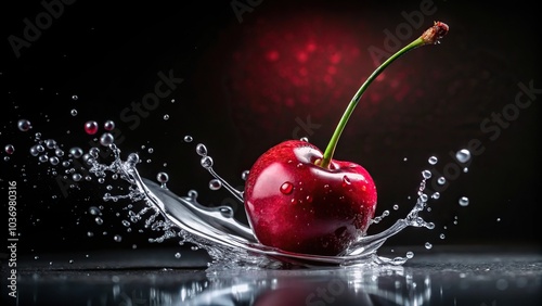 appetizing silhouette of juicy cherries with splashes of juice on black background photo