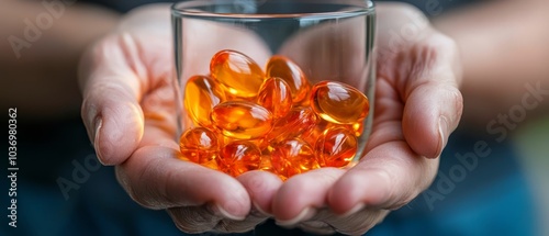  A person closely grips a glass containing vitamins and orally arranges orange pill clusters within its depths photo