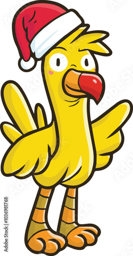 Cute and funny chicken cartoon character wearing santa's hat celebrating christmas