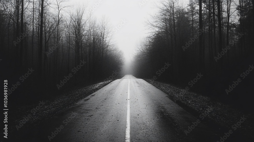 A winding road through a misty forest with trees lining the path. A winding road through a misty forest with trees lining the path.