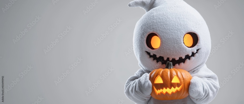  A person in a white costume holds a jack-o-lantern with glowing eyes and one in their mouth