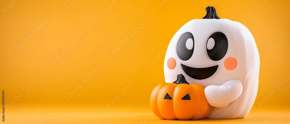 Obraz premium Two pumpkins atop a yellow surface, accompanied by a ghost