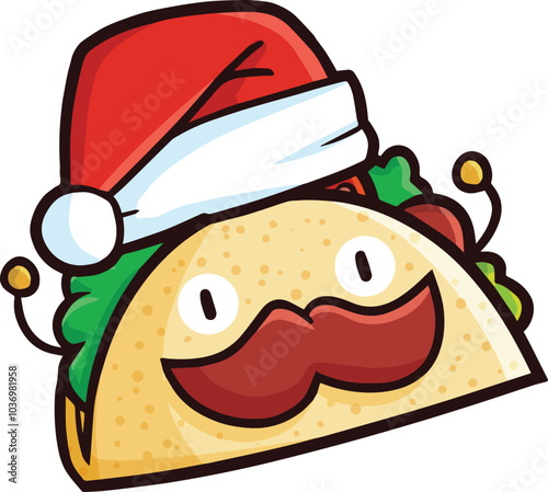 Cute and funny taco cartoon character wearing santa's hat celebrating christmas