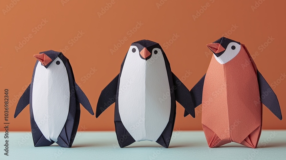 Obraz premium Three colorful paper penguins stand together, showcasing creative craftsmanship against a warm orange background.