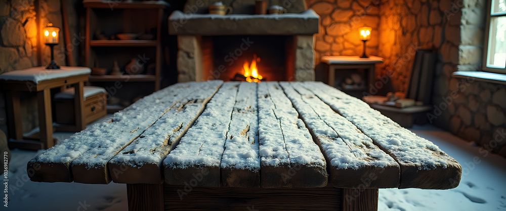 Rustic wooden table in front of a warm fireplace Rustic wooden table in front of a warm fireplace